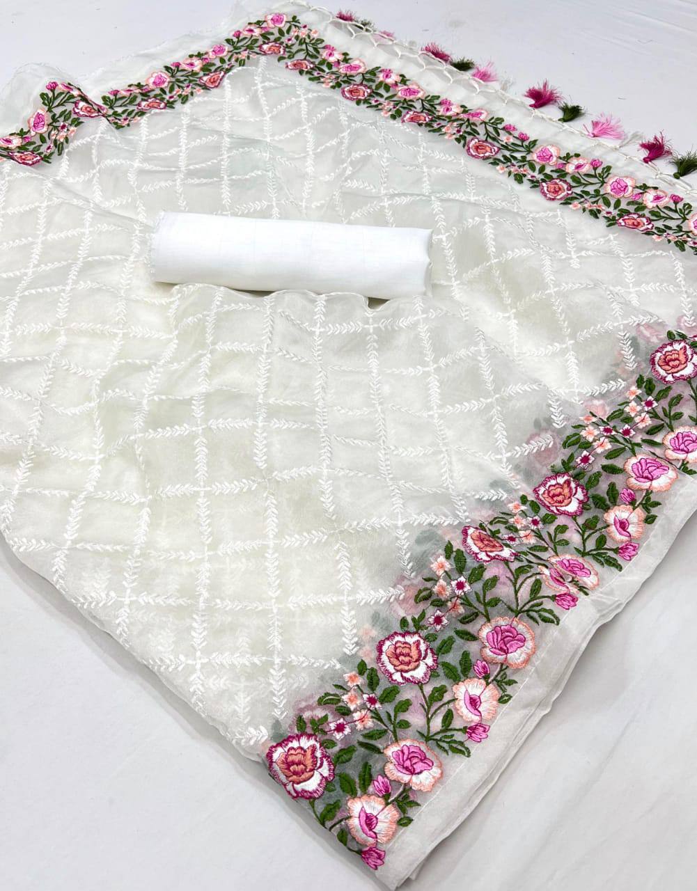 Soft organza saree with flower embroidery with tassels in pallu