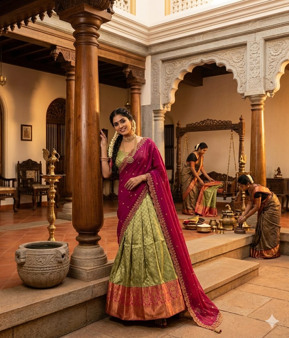 Kanchivaram silk dhawani with georgette dupatta