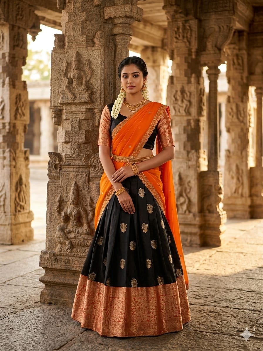 Kanchivaram silk dhawani with georgette dupatta